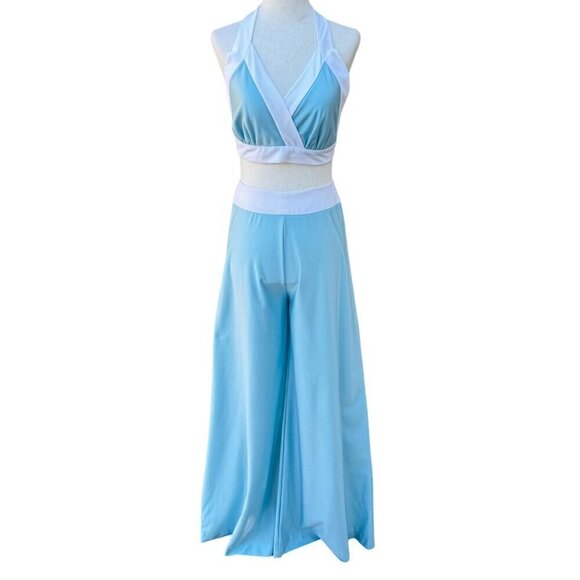 Tennis Star Vintage 70s Women's 3 Piece Crop Top Wide Leg Pants Beachwear Set - Picture 2 of 16
